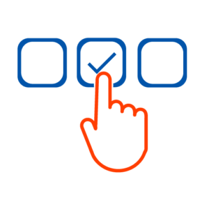 Icon zur Darstellung der Systemwahl mit drei Kästen nebeneinander von dem das in der Mitte einen Harken hat. Es wird auf diesen Kasten mit einem orangen Finger gezeigt.