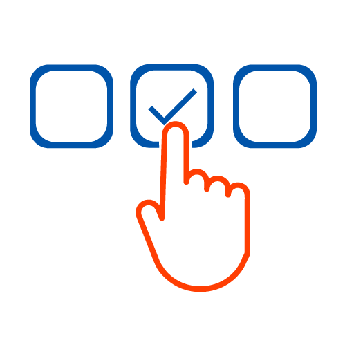 Icon zur Darstellung der Systemwahl mit drei Kästen nebeneinander von dem das in der Mitte einen Harken hat. Es wird auf diesen Kasten mit einem orangen Finger gezeigt.